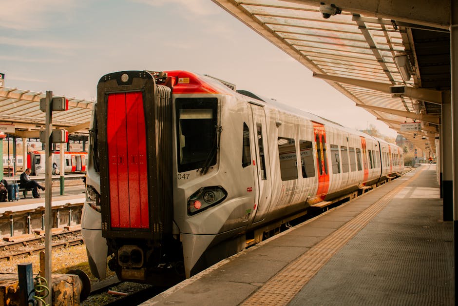 A modern double-decker train painted in bright yellow and blue, parked at Belmont Station's platform under a glass canopy. The train's sleek, aerodynamic front features large tinted windows and multip